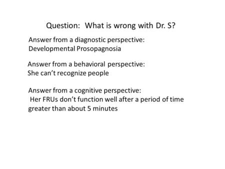 Question: What is wrong with Dr. S? Answer from a diagnostic perspective: Developmental Prosopagnosia Answer from a behavioral perspective: She can’t recognize.