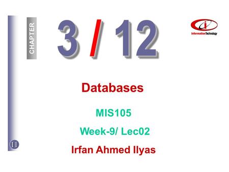 11 3 / 12 CHAPTER Databases MIS105 Week-9/ Lec02 Irfan Ahmed Ilyas.