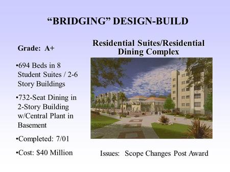 “BRIDGING” DESIGN-BUILD Residential Suites/Residential Dining Complex 694 Beds in 8 Student Suites / 2-6 Story Buildings 732-Seat Dining in 2-Story Building.