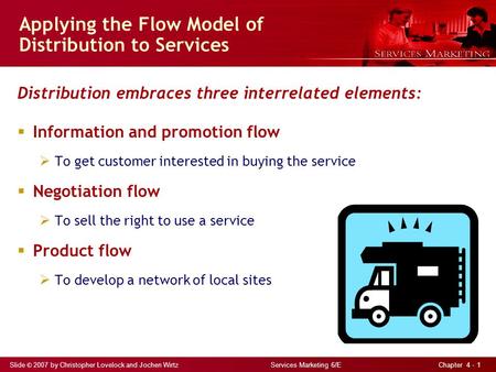 Slide © 2007 by Christopher Lovelock and Jochen Wirtz Services Marketing 6/E Chapter 4 - 1 Applying the Flow Model of Distribution to Services Distribution.