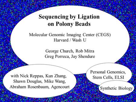 Molecular Genomic Imaging Center (CEGS) Harvard / Wash U George Church, Rob Mitra Greg Porreca, Jay Shendure Sequencing by Ligation on Polony Beads with.