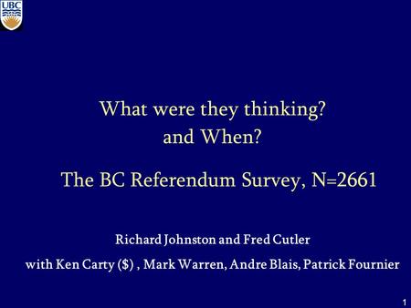 1 What were they thinking? Richard Johnston and Fred Cutler with Ken Carty ($), Mark Warren, Andre Blais, Patrick Fournier and When? The BC Referendum.