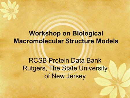 Workshop on Biological Macromolecular Structure Models RCSB Protein Data Bank Rutgers, The State University of New Jersey.