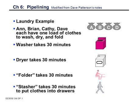 EE30332 Ch6 DP.1 Ch 6: Pipelining Modified from Dave Patterson’s notes  Laundry Example  Ann, Brian, Cathy, Dave each have one load of clothes to wash,