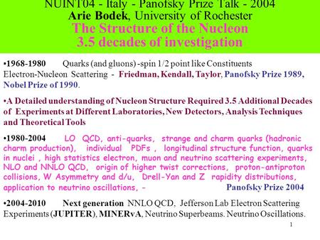 1 NUINT04 - Italy - Panofsky Prize Talk - 2004 Arie Bodek, University of Rochester The Structure of the Nucleon 3.5 decades of investigation 1968-1980.