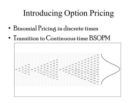Introducing Option Pricing Binomial Pricing in discrete times Transition to Continuous time BSOPM.