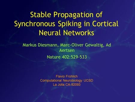 Stable Propagation of Synchronous Spiking in Cortical Neural Networks Markus Diesmann, Marc-Oliver Gewaltig, Ad Aertsen Nature 402:529-533 Flavio Frohlich.