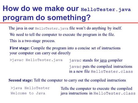 How do we make our HelloTester.java program do something? The java in our HelloTester.java file won’t do anything by itself. We need to tell the computer.