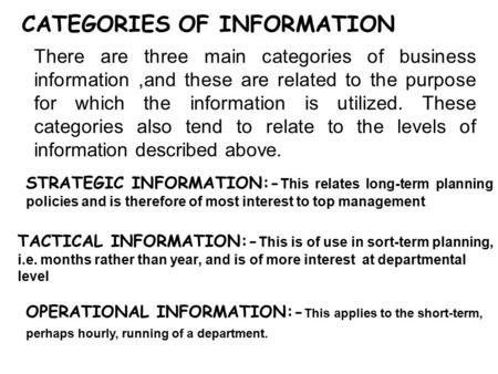 CATEGORIES OF INFORMATION There are three main categories of business information,and these are related to the purpose for which the information is utilized.