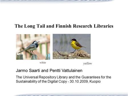 The Long Tail and Finnish Research Libraries Jarmo Saarti and Pentti Vattulainen The Universal Repository Library and the Guarantees for the Sustainability.