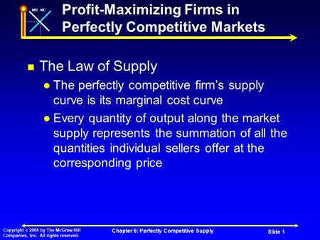 MBMC Copyright c 2004 by The McGraw-Hill Companies, Inc. All rights reserved. Chapter 6: Perfectly Competitive Supply Slide 1 Profit-Maximizing Firms in.