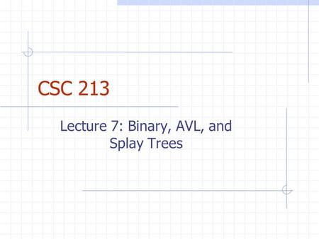 CSC 213 Lecture 7: Binary, AVL, and Splay Trees. Binary Search Trees (§ 9.1) Binary search tree (BST) is a binary tree storing key- value pairs (entries):