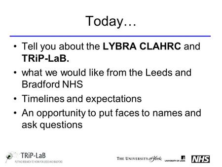 Today… Tell you about the LYBRA CLAHRC and TRiP-LaB. what we would like from the Leeds and Bradford NHS Timelines and expectations An opportunity to put.