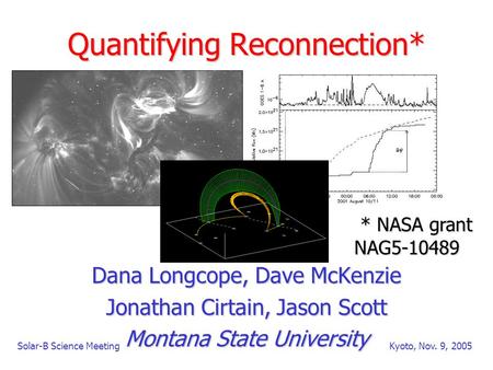 Solar-B Science MeetingKyoto, Nov. 9, 2005 Quantifying Reconnection* Dana Longcope, Dave McKenzie Jonathan Cirtain, Jason Scott Montana State University.