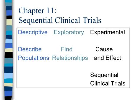 Chapter 11: Sequential Clinical Trials Descriptive Exploratory Experimental Describe Find Cause Populations Relationships and Effect Sequential Clinical.
