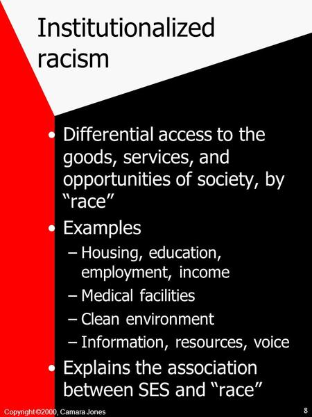 Copyright ©2000, Camara Jones Institutionalized racism Differential access to the goods, services, and opportunities of society, by “race” Examples –Housing,