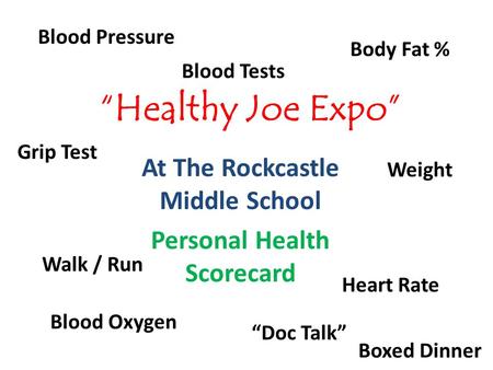 “Healthy Joe Expo” At The Rockcastle Middle School Personal Health Scorecard Blood Pressure Heart Rate Blood Oxygen “Doc Talk” Body Fat % Grip Test Weight.