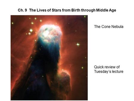 Ch. 9 The Lives of Stars from Birth through Middle Age The Cone Nebula Quick review of Tuesday’s lecture.