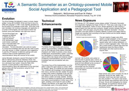 A Semantic Sommelier as an Ontology-powered Mobile Social Application and a Pedagogical Tool Deborah L. McGuinness and Evan W. Patton.