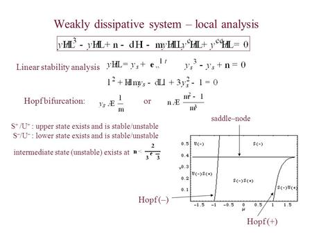 Weakly dissipative system – local analysis Linear stability analysis orHopf bifurcation: S + /U + : upper state exists and is stable/unstable S – /U –