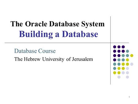 1 The Oracle Database System Building a Database Database Course The Hebrew University of Jerusalem.