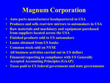 Magnum Corporation Auto parts manufacturer headquartered in USA Produces and sells rearview mirrors to automakers in USA Raw materials and machinery and.