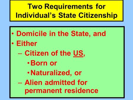 Two Requirements for Individual’s State Citizenship Domicile in the State, and Either –Citizen of the US, Born or Naturalized, or –Alien admitted for permanent.