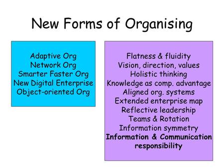 New Forms of Organising Adaptive Org Network Org Smarter Faster Org New Digital Enterprise Object-oriented Org Flatness & fluidity Vision, direction, values.