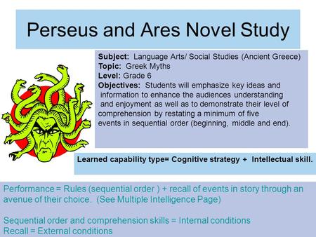 Perseus and Ares Novel Study Subject: Language Arts/ Social Studies (Ancient Greece) Topic: Greek Myths Level: Grade 6 Objectives: Students will emphasize.