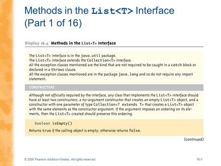 © 2006 Pearson Addison-Wesley. All rights reserved16-1 Methods in the List Interface (Part 1 of 16)