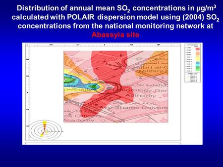 Distribution of annual mean SO 2 concentrations in µg/m 3 calculated with POLAIR dispersion model using (2004) SO 2 concentrations from the national monitoring.
