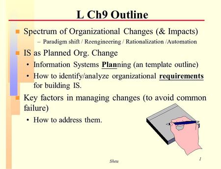 Sheu 1 n Spectrum of Organizational Changes (& Impacts) –Paradigm shift / Reengineering / Rationalization /Automation n IS as Planned Org. Change Information.