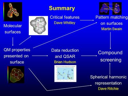 Summary Molecular surfaces QM properties presented on surface Compound screening Pattern matching on surfaces Martin Swain Critical features Dave Whitley.