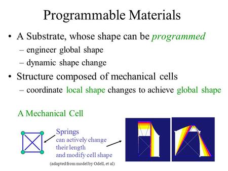 Programmable Materials A Substrate, whose shape can be programmed –engineer global shape –dynamic shape change Structure composed of mechanical cells –coordinate.