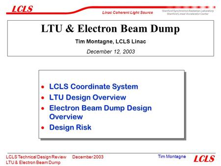 LTU & Electron Beam Dump Linac Coherent Light Source Stanford Synchrotron Radiation Laboratory Stanford Linear Accelerator Center LCLS Technical Design.