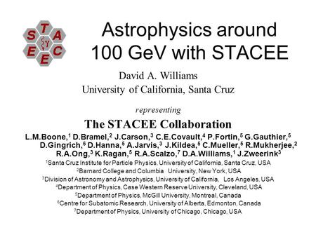 Astrophysics around 100 GeV with STACEE David A. Williams University of California, Santa Cruz representing The STACEE Collaboration L.M.Boone, 1 D.Bramel,