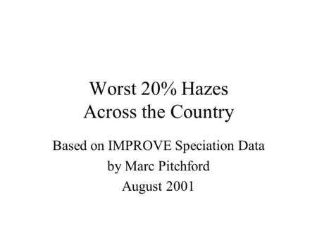 Worst 20% Hazes Across the Country Based on IMPROVE Speciation Data by Marc Pitchford August 2001.