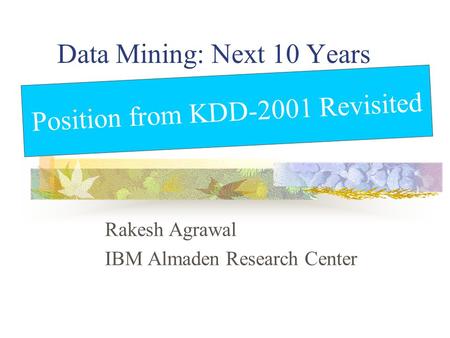 Data Mining: Next 10 Years Rakesh Agrawal IBM Almaden Research Center Position from KDD-2001 Revisited.