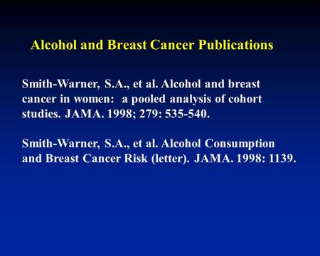 Alcohol and Breast Cancer Publications Smith-Warner, S.A., et al. Alcohol and breast cancer in women: a pooled analysis of cohort studies. JAMA. 1998;