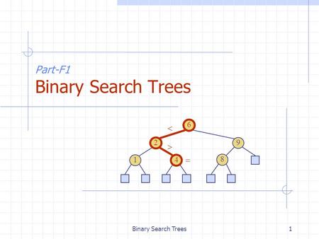 Binary Search Trees1 Part-F1 Binary Search Trees 6 9 2 4 1 8   