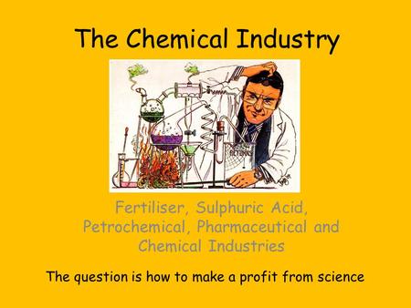 The Chemical Industry Fertiliser, Sulphuric Acid, Petrochemical, Pharmaceutical and Chemical Industries The question is how to make a profit from science.