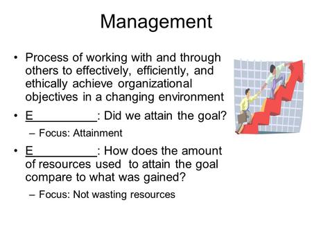 Management Process of working with and through others to effectively, efficiently, and ethically achieve organizational objectives in a changing environment.