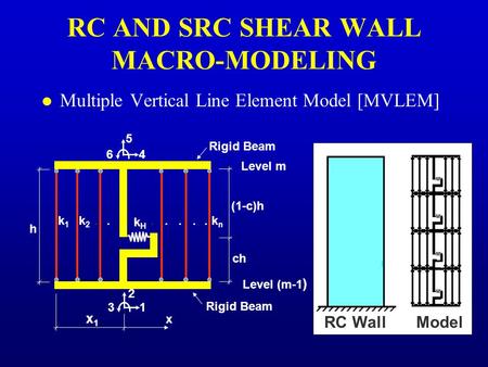 Level (m-1 ) Level m h (1-c)h ch 1 2 3 4 5 6 Rigid Beam x1x1 x k1k1 k2k2 knkn kHkH....... RC AND SRC SHEAR WALL MACRO-MODELING l Multiple Vertical Line.