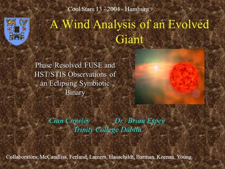 A Wind Analysis of an Evolved Giant Phase Resolved FUSE and HST/STIS Observations of an Eclipsing Symbiotic Binary Cian Crowley Dr. Brian Espey Trinity.