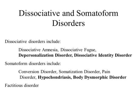 Dissociative and Somatoform Disorders Dissociative disorders include: Dissociative Amnesia, Dissociative Fugue, Depersonalization Disorder, Dissociative.