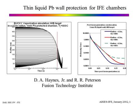 DAH, RRP, UW - FTI ARIES-IFE, January 2002, 1 Thin liquid Pb wall protection for IFE chambers D. A. Haynes, Jr. and R. R. Peterson Fusion Technology Institute.