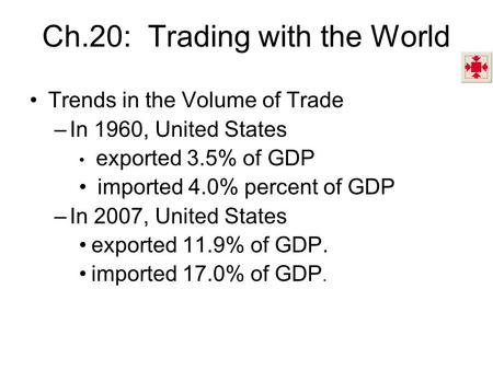 Ch.20: Trading with the World Trends in the Volume of Trade –In 1960, United States exported 3.5% of GDP imported 4.0% percent of GDP –In 2007, United.