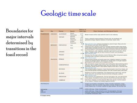 Geologic time scale Boundaries for major intervals determined by transitions in the fossil record.