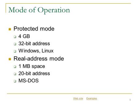 Web siteWeb site ExamplesExamples 1 Mode of Operation Protected mode  4 GB  32-bit address  Windows, Linux Real-address mode  1 MB space  20-bit address.
