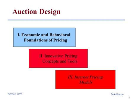 1 Teck-Hua Ho April 22, 2006 Auction Design I. Economic and Behavioral Foundations of Pricing II. Innovative Pricing Concepts and Tools III. Internet Pricing.